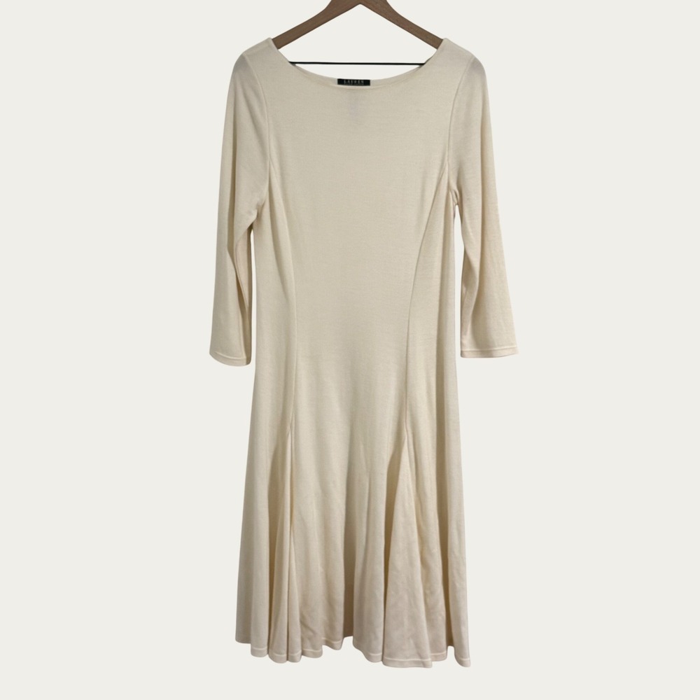 Lauren Ralph Lauren Dress Women M Cream Wool Blend Fit Flare Midi Quiet Luxury